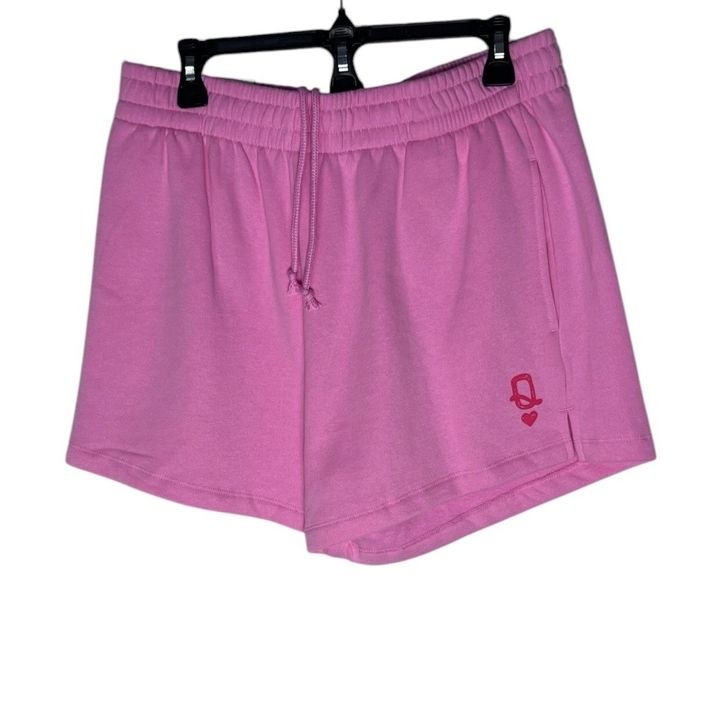 State of Mine Womens Pink VDay Fleece Shorts Queen of Hearts Graphic Large NWT